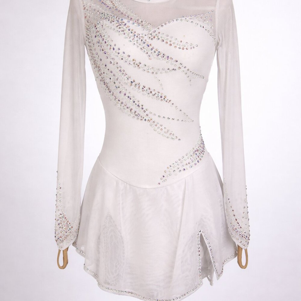 Custom AB crystal and pearl designed Figure skating competition dress White